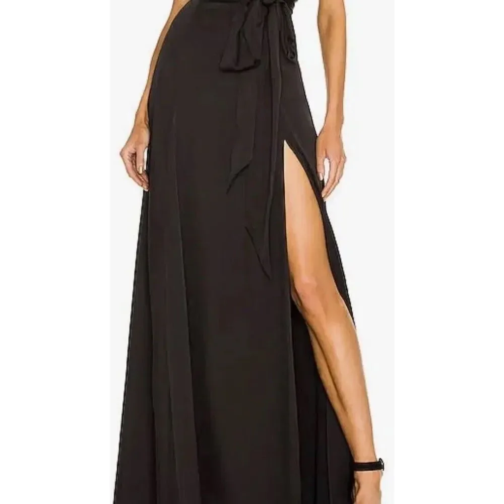 BCBGeneration V Neck Belted Black Maxi‎ Dress XS Front Slit Open Back 58